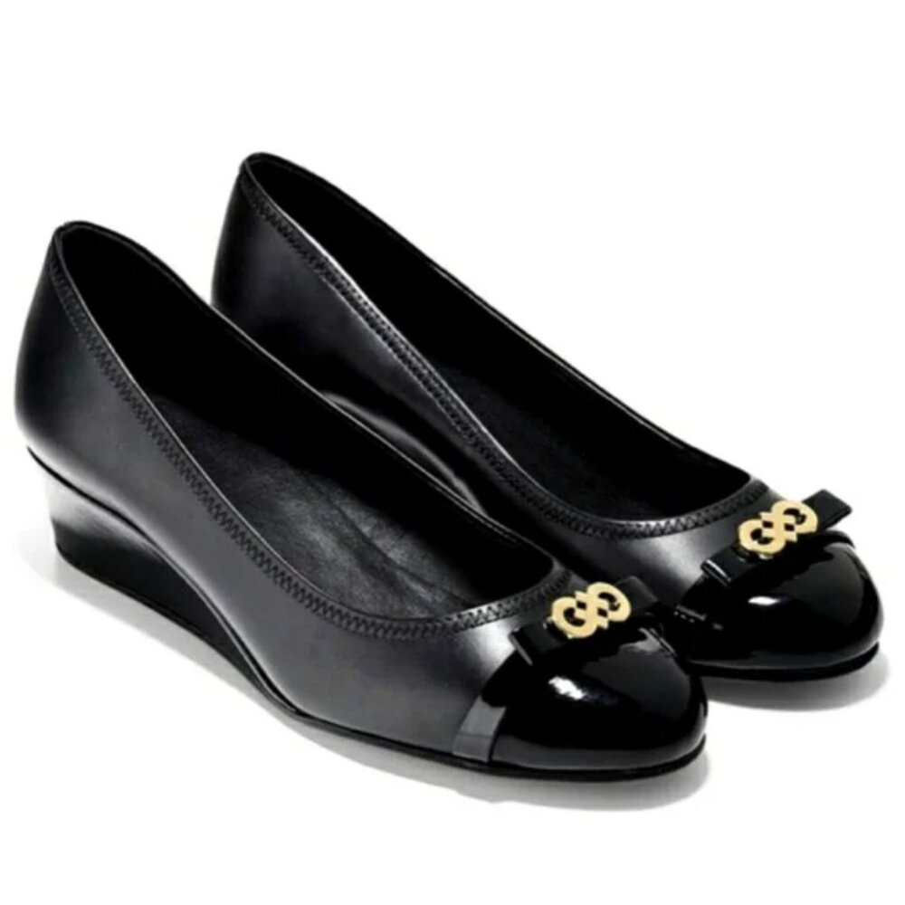 Cole‎ Haan Ellie patent and soft leather wedge gold buckle belt accent size 8